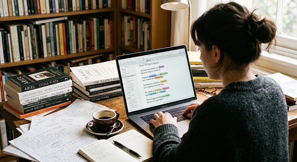 Editor using a digital syllable counting tool to verify a poem's meter