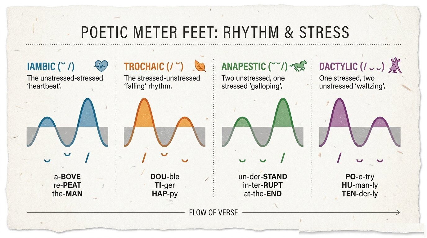 Scansion analysis of poetic meter with stress marks and foot divisions